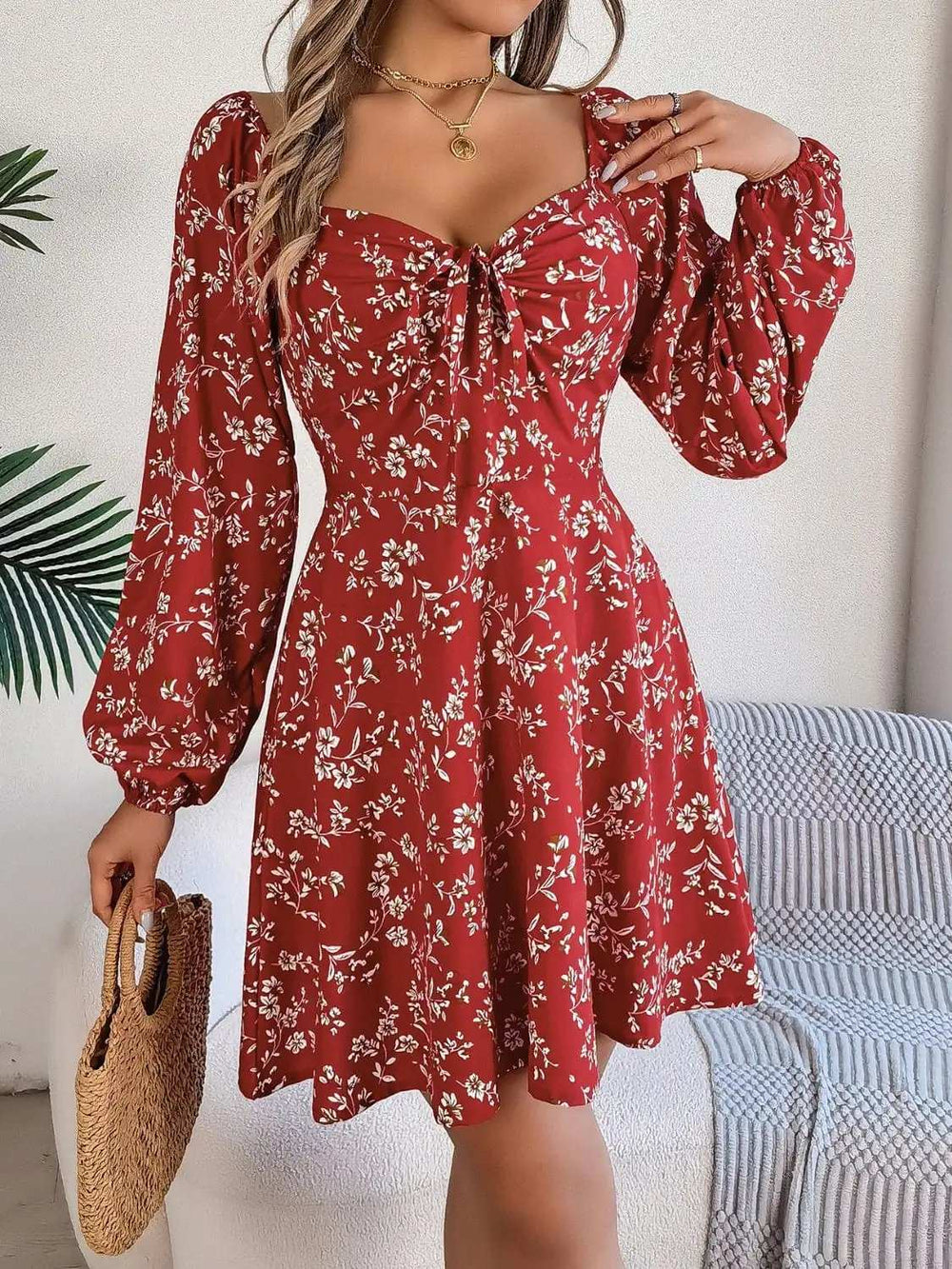 Printed Sweetheart Neck Balloon Sleeve Mini Dress - Trendsi - Flyclothing LLC