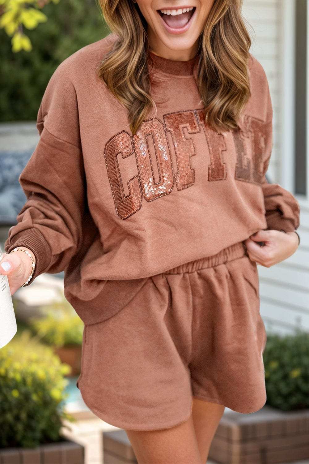 COFFEE Sequin Round Neck Long Sleeve Top and Shorts Set - Trendsi - Flyclothing LLC