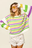 BiBi Mardi Gras Colors Stripe Comfy Sweater - Trendsi - Flyclothing LLC