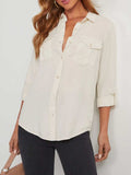 Collared Neck Roll-Tab Sleeve Denim Top - Trendsi - Flyclothing LLC