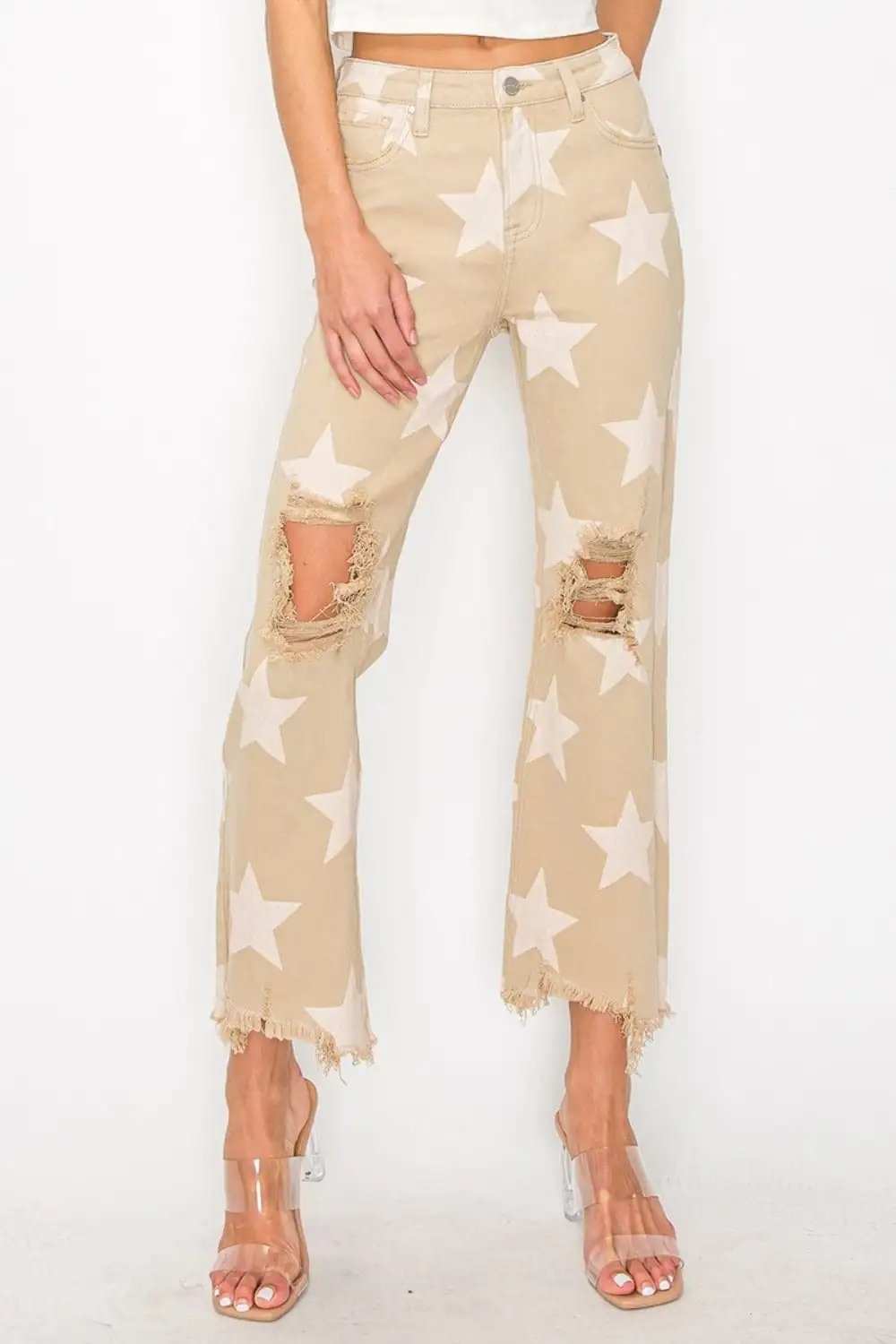 RISEN Full Size High Rise Star Printed Frayed Hem Jeans - Trendsi - Flyclothing LLC