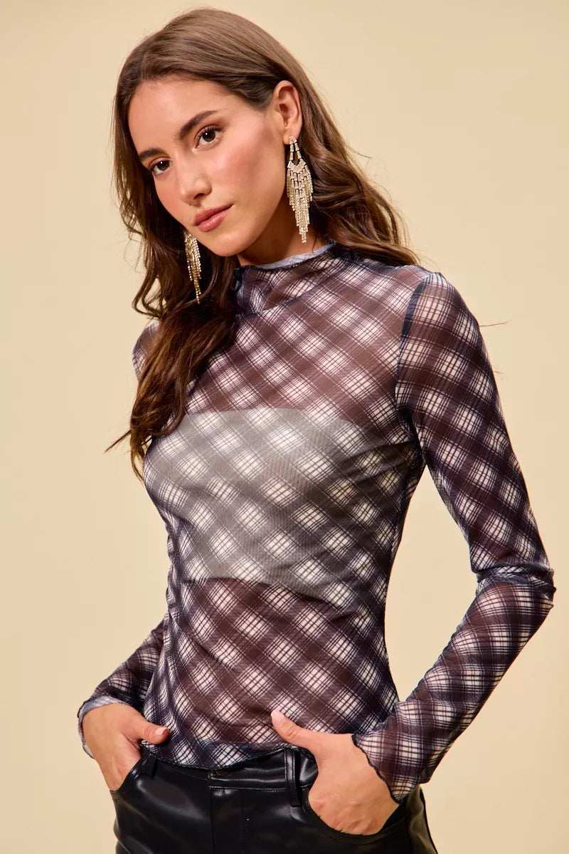 SO ME Plaid Mesh Knit Long Sleeve Top with Thumb Opening - Trendsi - Flyclothing LLC