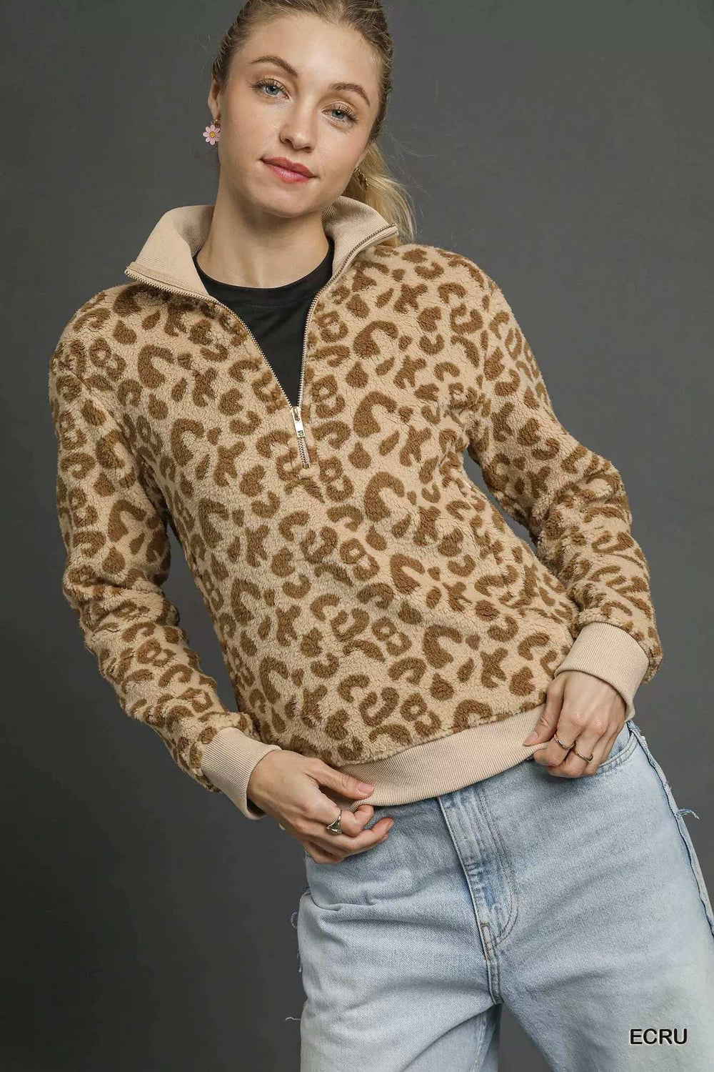 Umgee Leopard Print Quarter-Zip Sweatshirt - Trendsi - Flyclothing LLC