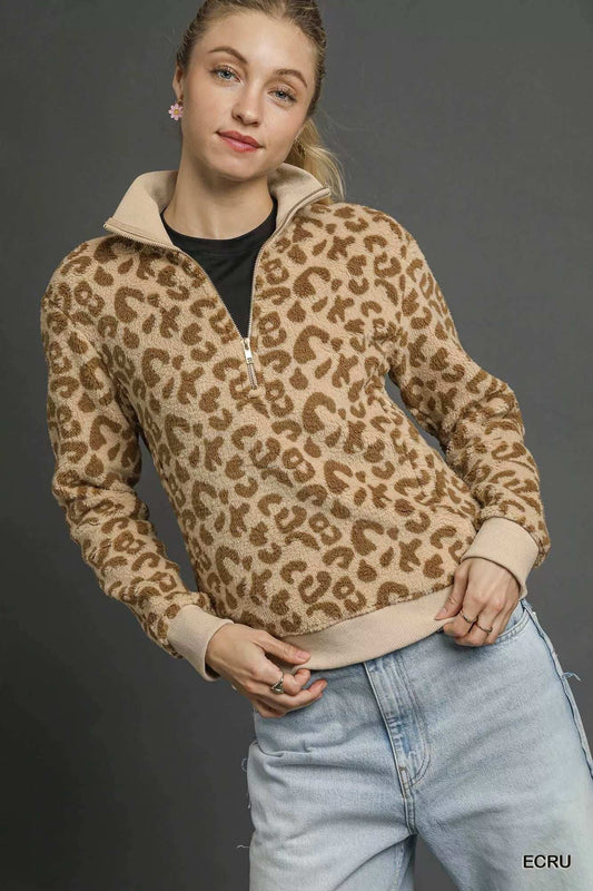 Umgee Leopard Print Quarter-Zip Sweatshirt - Trendsi - Flyclothing LLC