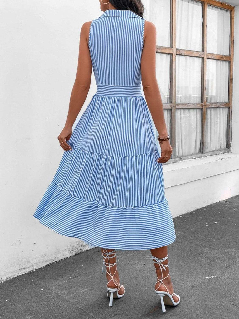 Striped Johnny Collar Sleeveless Midi Dress - Trendsi - Flyclothing LLC