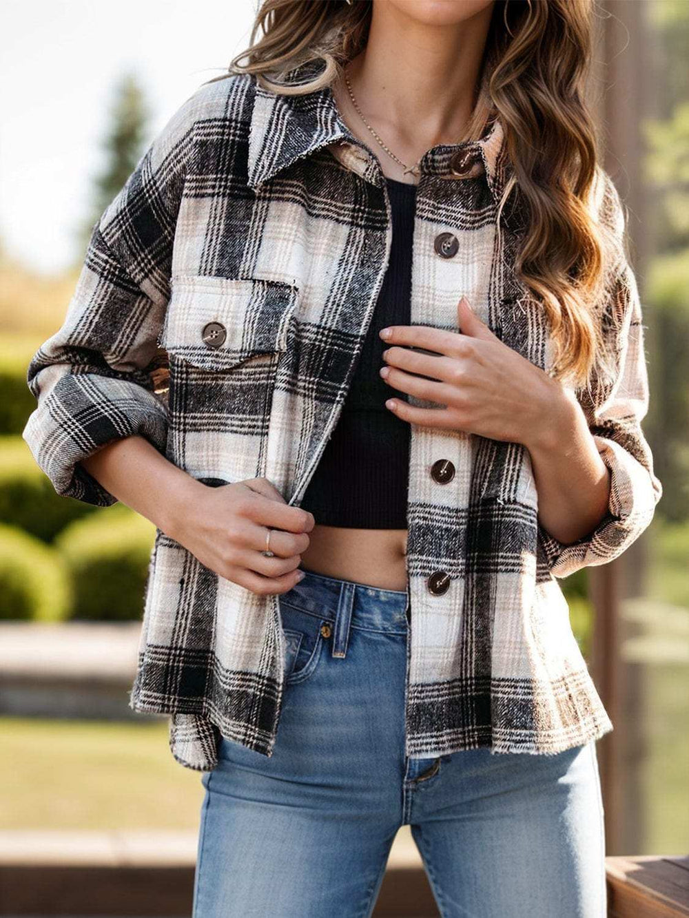 Pocketed Plaid Button Down Long Sleeve Shacket - Trendsi - Flyclothing LLC
