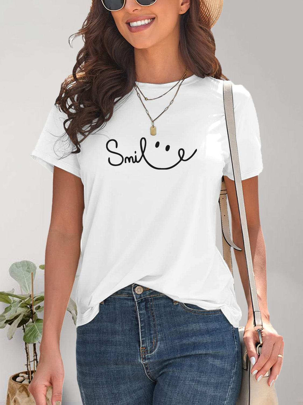 SMILE Round Neck Short Sleeve T-Shirt - Trendsi - Flyclothing LLC