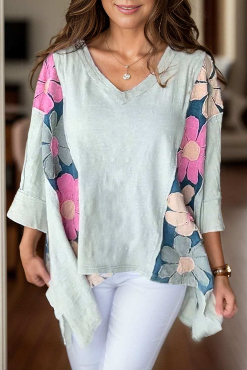 Slit Floral V-Neck Three-Quarter Sleeve Blouse - Trendsi - Flyclothing LLC