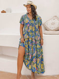 Plus Size Printed V-Neck Short Sleeve Maxi Dress - Trendsi - Flyclothing LLC