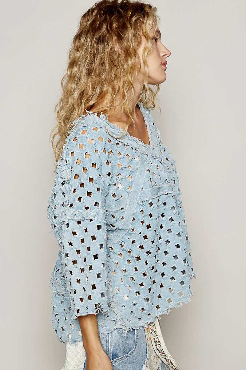 POL V-Neck Short Sleeve Top with Laser Cut Detail - Trendsi - Flyclothing LLC