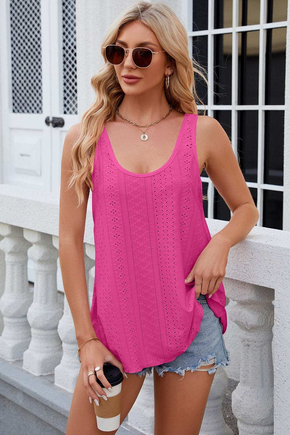 Eyelet Scoop Neck Wide Strap Tank - Trendsi - Flyclothing LLC