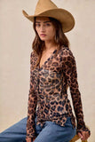 BiBi Leopard Printed Mesh Shirt With Button Up V Neck - Trendsi - Flyclothing LLC