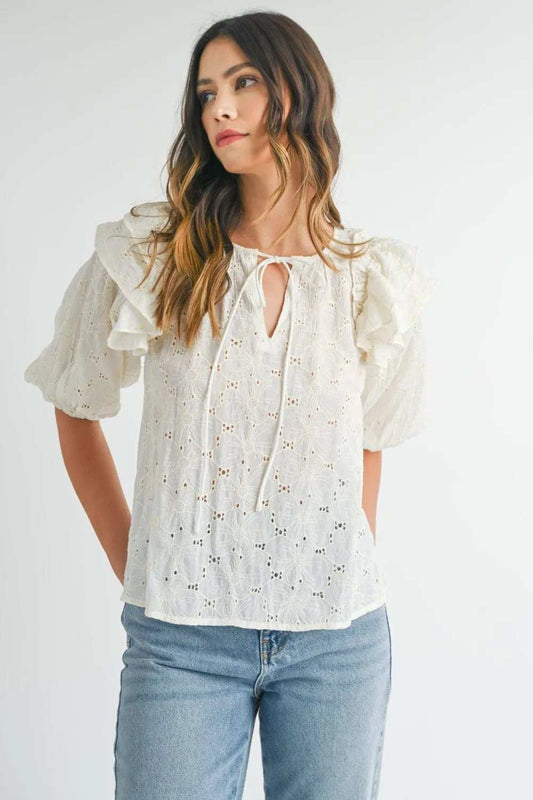 MABLE Eyelet Lace Ruffle Shoulder Puff Sleeve Blouse - Trendsi - Flyclothing LLC