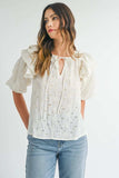 MABLE Eyelet Lace Ruffle Shoulder Puff Sleeve Blouse - Trendsi - Flyclothing LLC