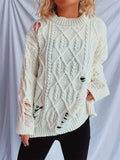 Distressed Cable-Knit Round Neck Long Sleeve Sweater - Trendsi - Flyclothing LLC