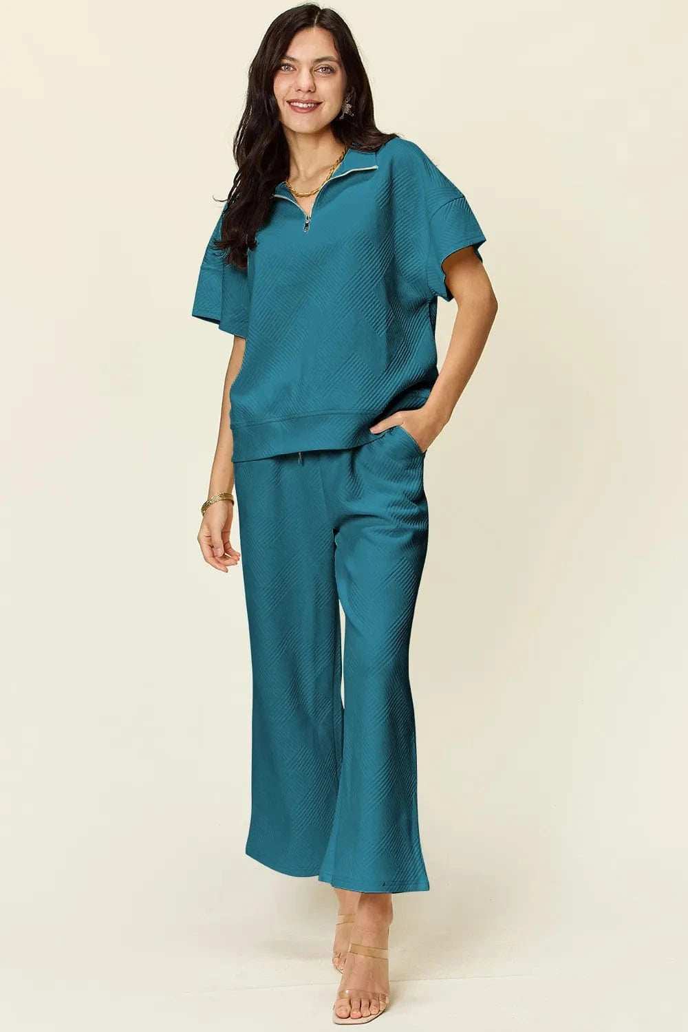 Double Take Full Size Texture Half Zip Short Sleeve Top and Pants Set - Trendsi - Flyclothing LLC