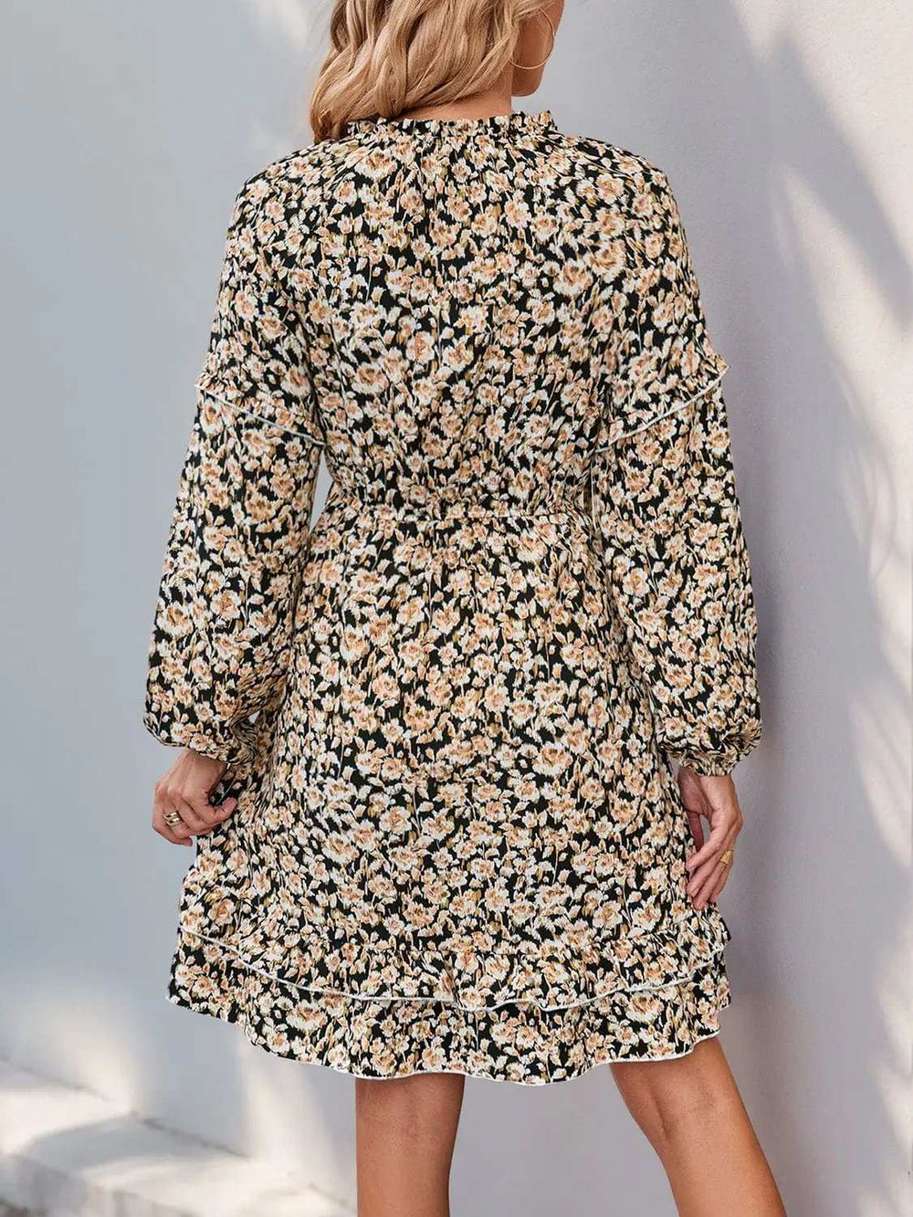 Perfee Printed Tie Neck Long Sleeve Mini Dress - Trendsi - Flyclothing LLC