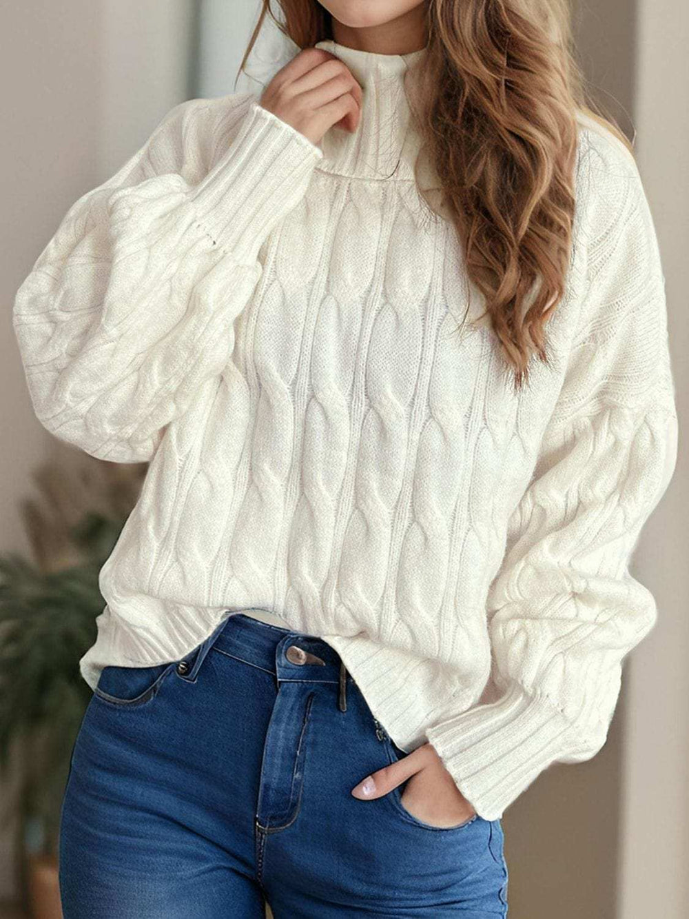 Cable-Knit Turtleneck Long Sleeve Sweater - Trendsi - Flyclothing LLC