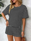 Striped Round Neck Short Sleeve Top and Shorts Set - Trendsi - Flyclothing LLC
