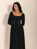 Lace-Up Square Neck Long Sleeve Midi Dress - Trendsi - Flyclothing LLC