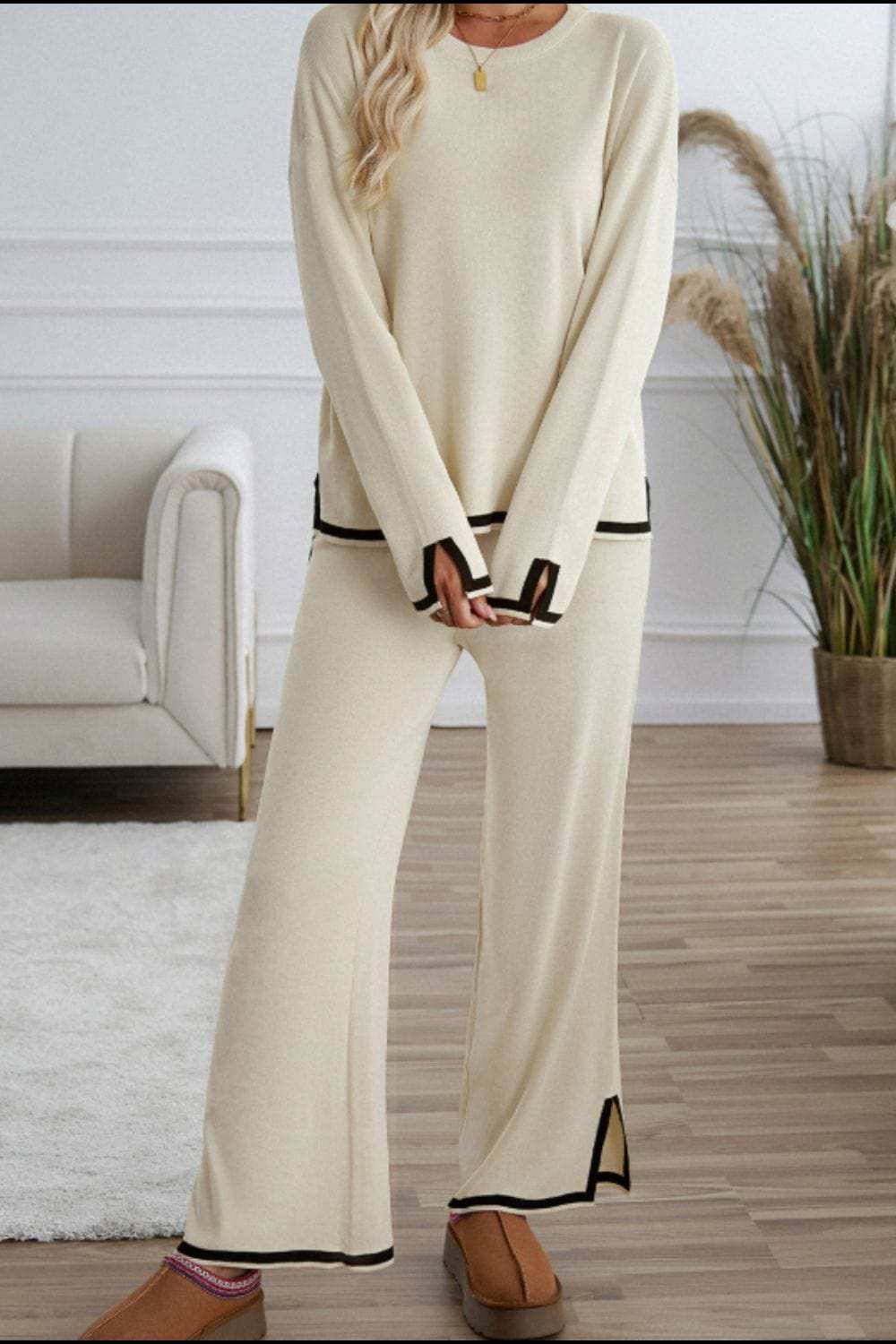 Contrast Trim Round Neck Top and Pants Sweater Set - Trendsi - Flyclothing LLC