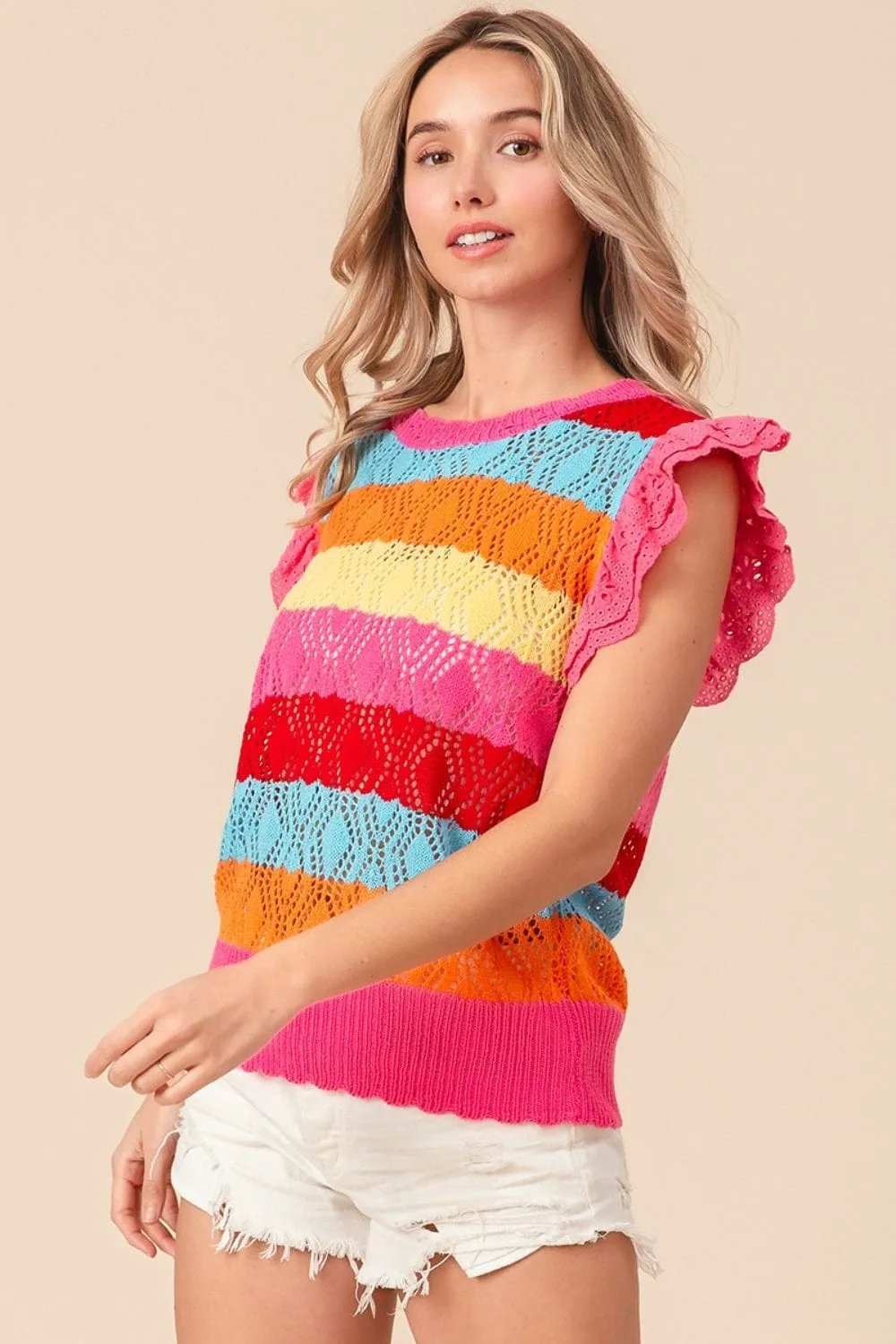BiBi Pointelle Striped Ruffled Knit Top - Trendsi - Flyclothing LLC