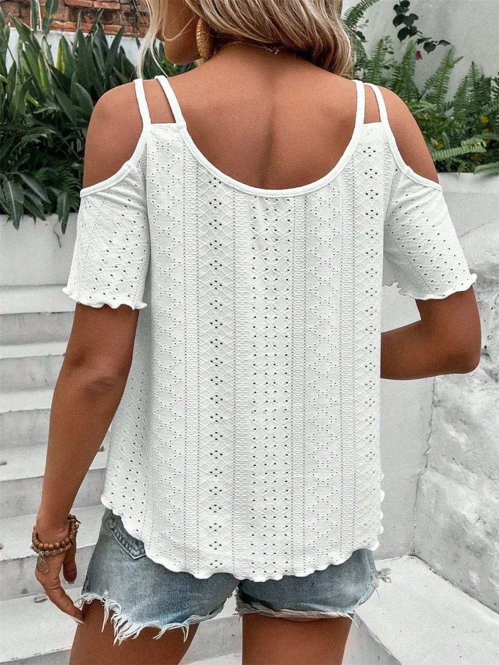 Eyelet Cold Shoulder Short Sleeve Blouse - Trendsi - Flyclothing LLC