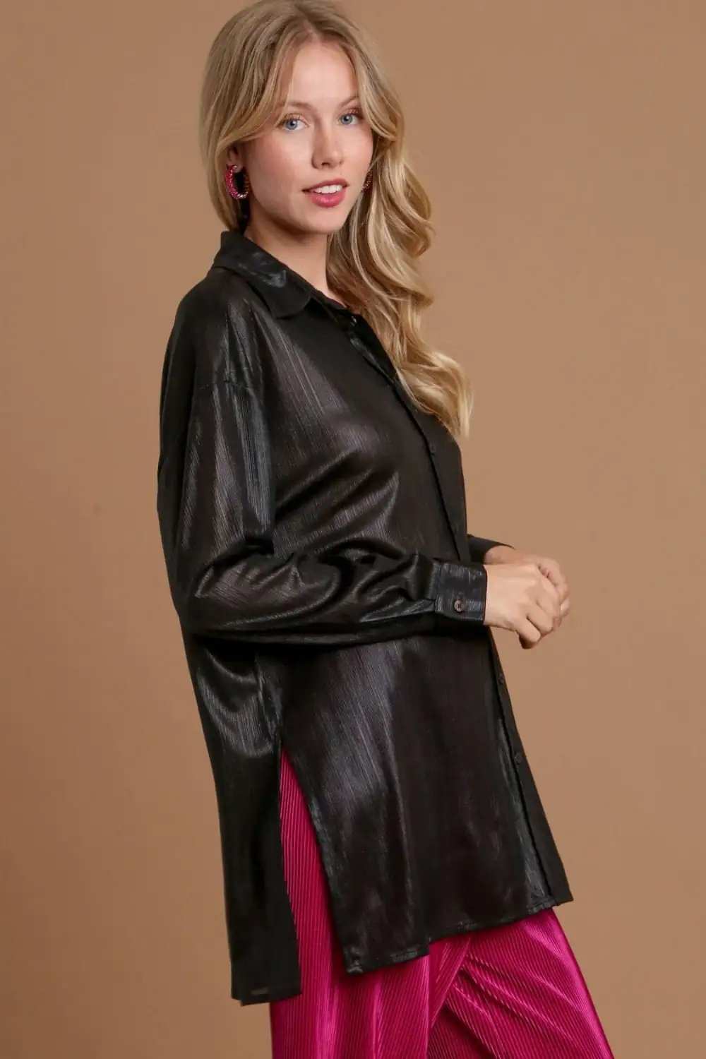 Umgee Side Slit Button Up Long Sleeve Shirt - Trendsi - Flyclothing LLC