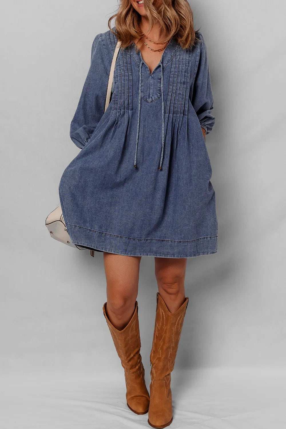 Tie Neck Long Sleeve Mini Denim Dress - Trendsi - Flyclothing LLC