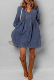 Tie Neck Long Sleeve Mini Denim Dress - Trendsi - Flyclothing LLC