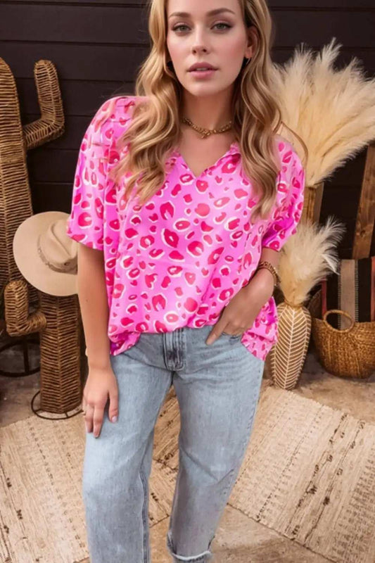 Leopard V Neck Loose Short Sleeve Top - Trendsi - Flyclothing LLC