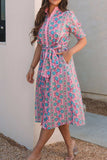 Printed Shirred Sleeve Buttoned Front Midi Dress with Sash - Trendsi - Flyclothing LLC
