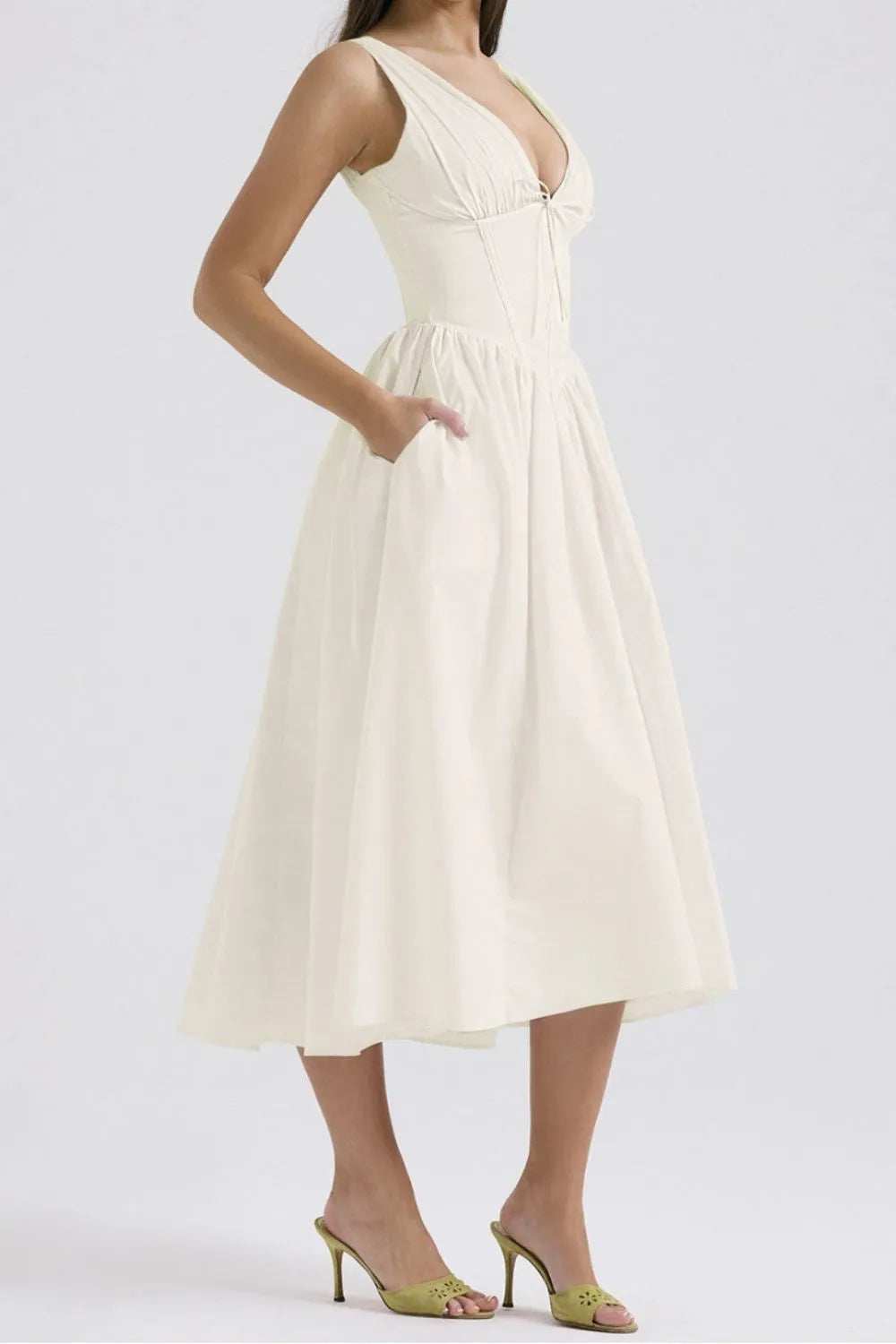 Ruched V-Neck Sleeveless Dress with Pockets - Trendsi - Flyclothing LLC