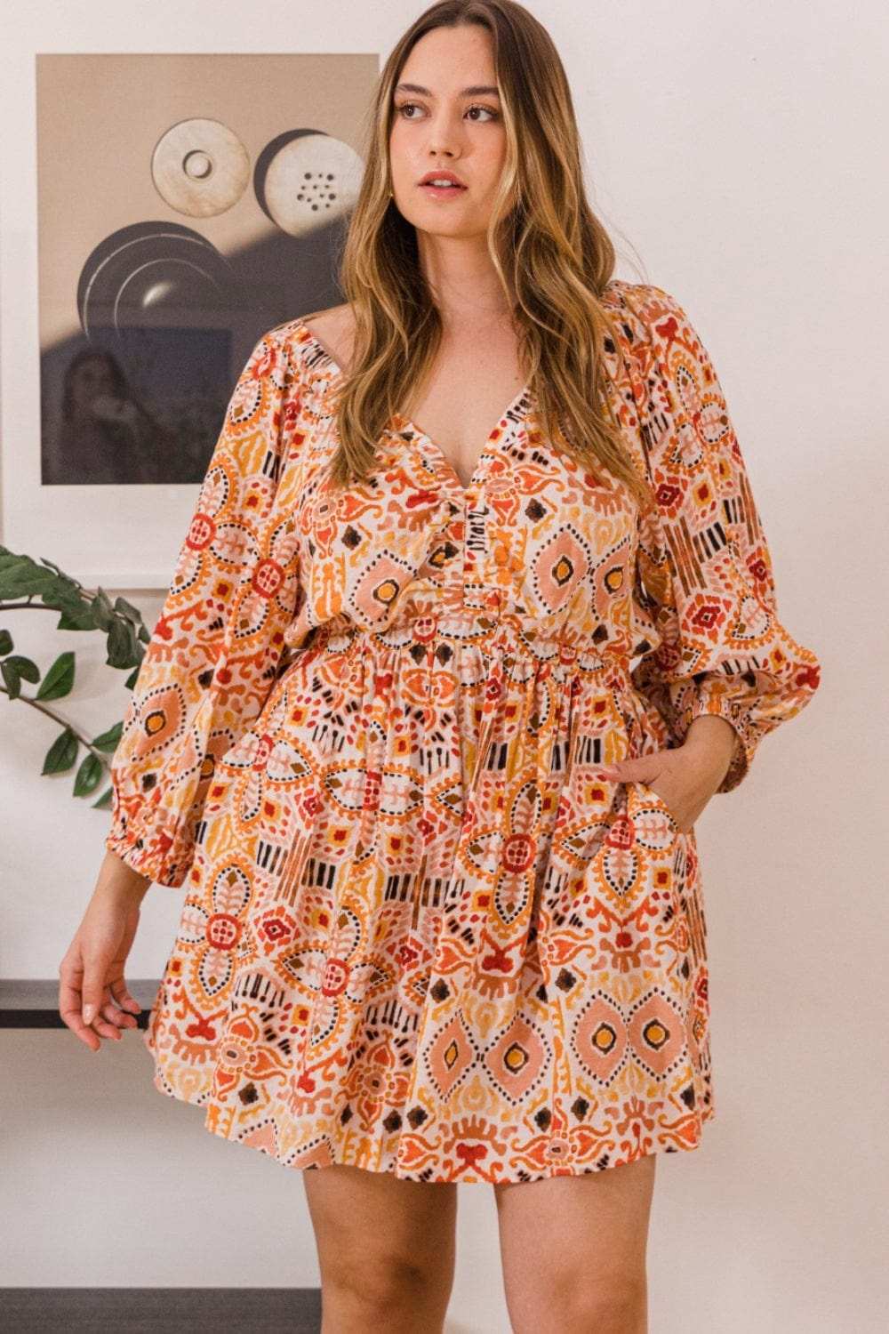 ODDI Full Size Printed Ruff Sleeve Romper with Pockets - Trendsi - Flyclothing LLC