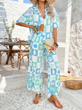 Devine Printed Collared Neck Half Sleeve Top and Pants Set - Trendsi - Flyclothing LLC