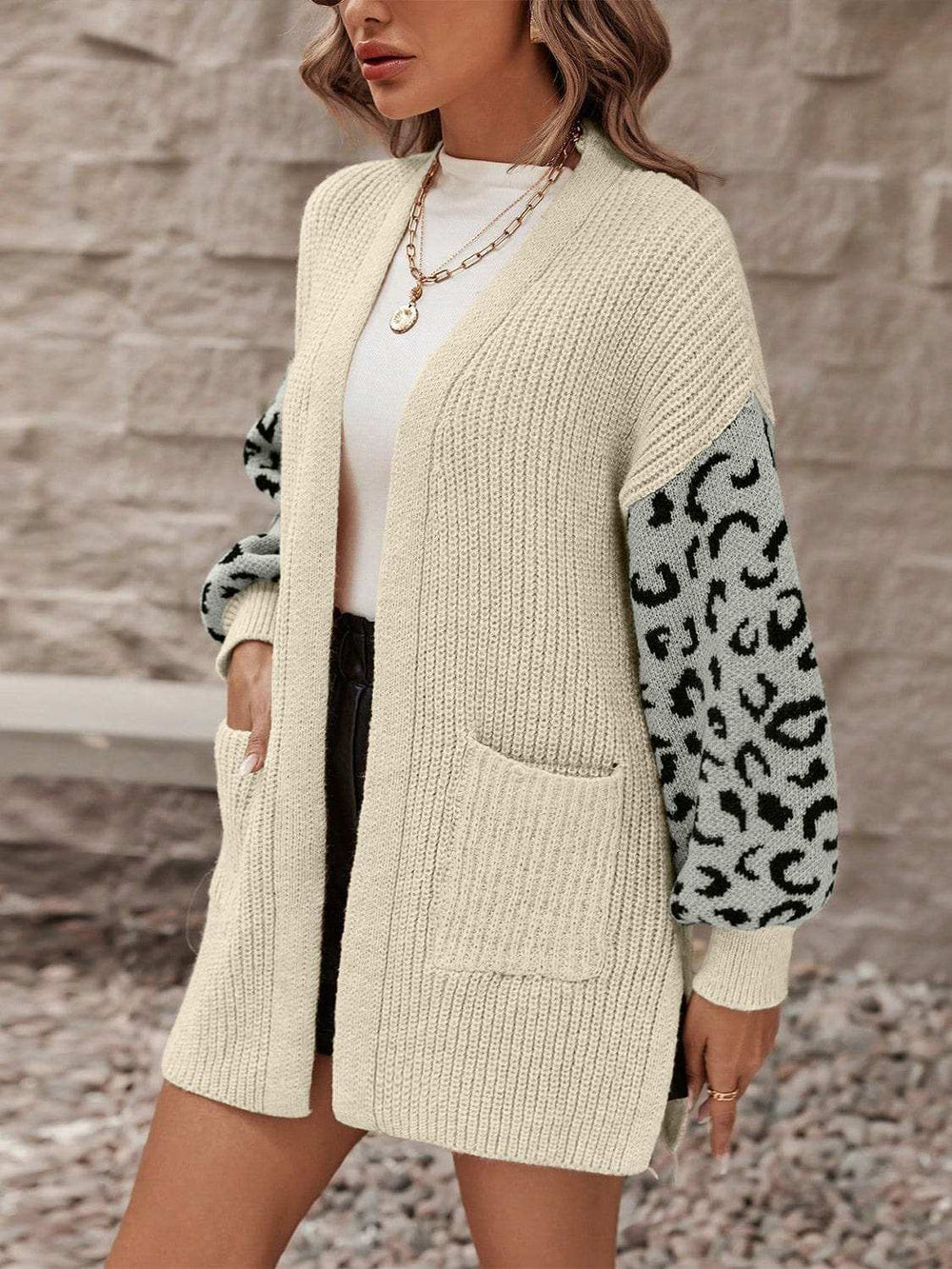 Pocketed Leopard Open Front Cardigan - Trendsi - Flyclothing LLC