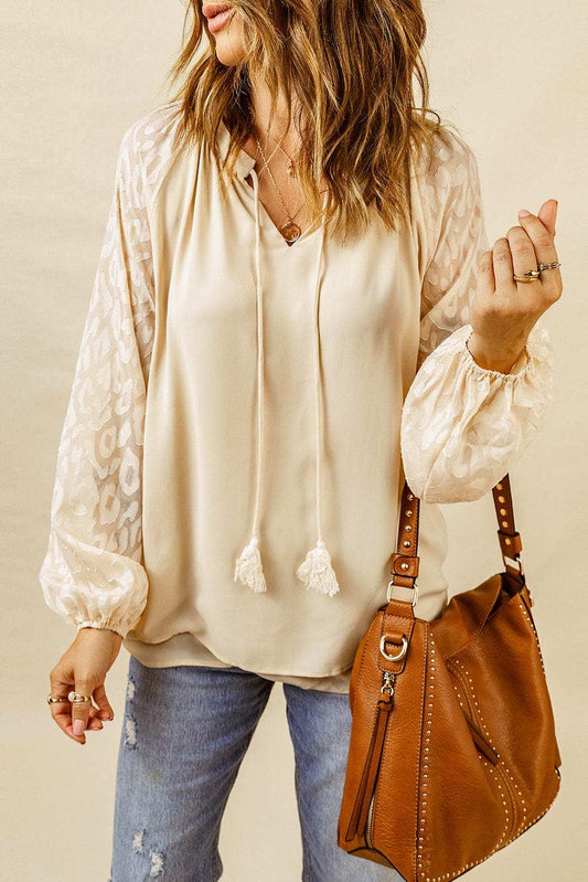 Tassel Tie Neck Long Sleeve Blouse - Trendsi - Flyclothing LLC