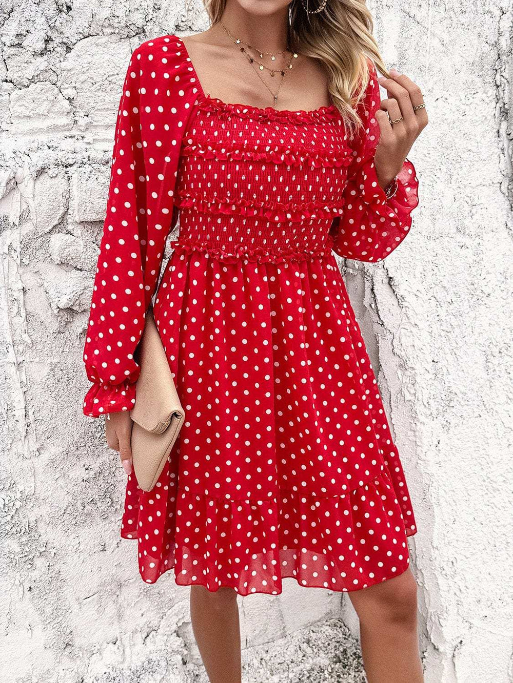 Smocked Polka Dot Long Sleeve Dress - Trendsi - Flyclothing LLC