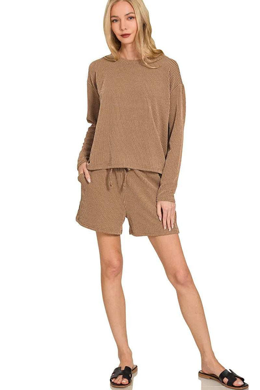 Zenana Corded Rib Long Sleeve Tee and Shorts Set - Trendsi - Flyclothing LLC
