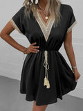 Full Size Tassel V-Neck Short Sleeve Dress Plus Size - Trendsi - Flyclothing LLC