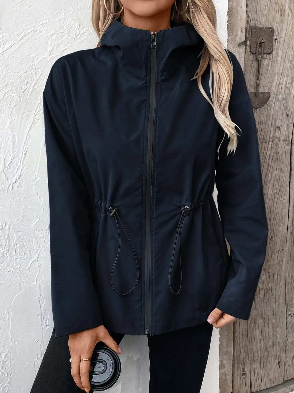 Drawstring Zip Up Hooded Jacket - Trendsi - Flyclothing LLC