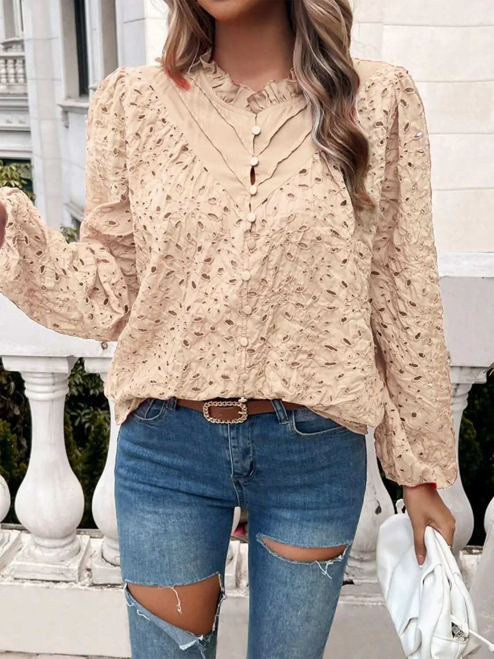 Frill Round Neck Long Sleeve Shirt - Trendsi - Flyclothing LLC