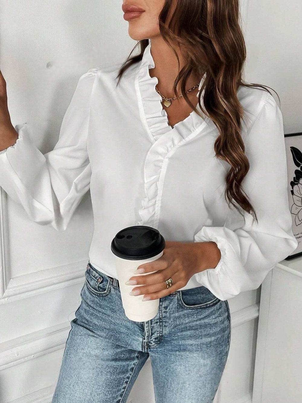 Ruffled V-Neck Long Sleeve Blouse - Trendsi - Flyclothing LLC