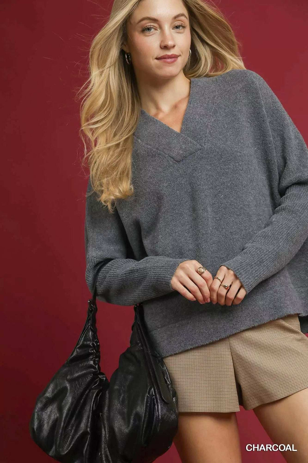 Umgee V-Neck Sweater with Wide Trim Detail - Trendsi - Flyclothing LLC