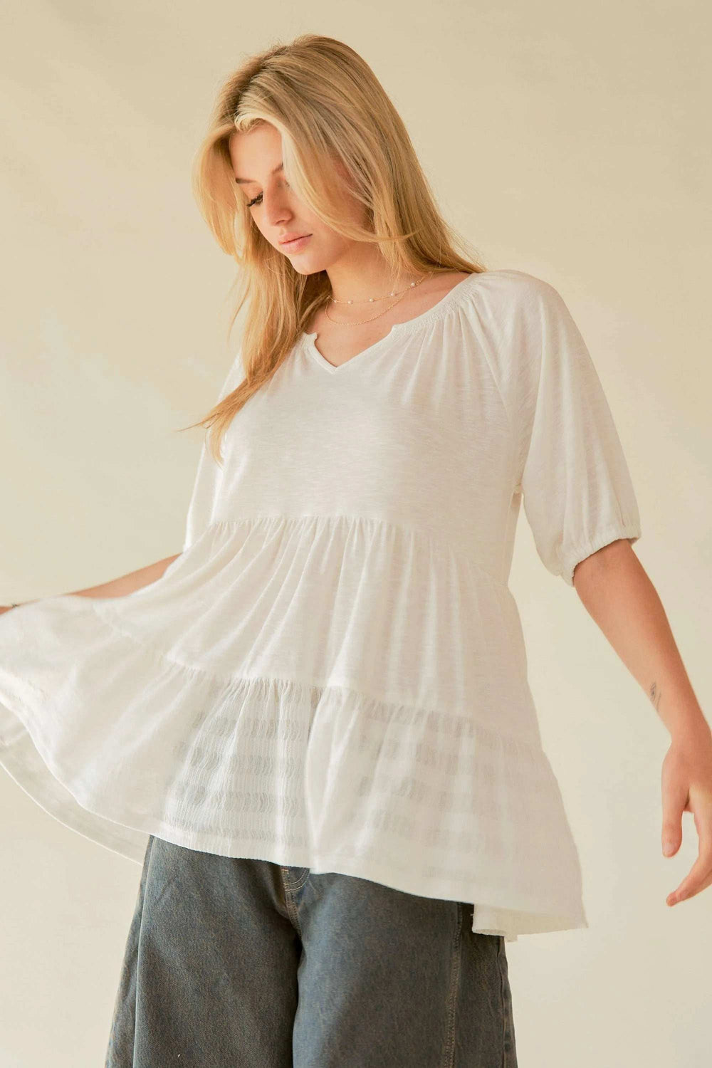 Davi & Dani Ruffled Flared Short Sleeve V Neck Blouse - Trendsi - Flyclothing LLC