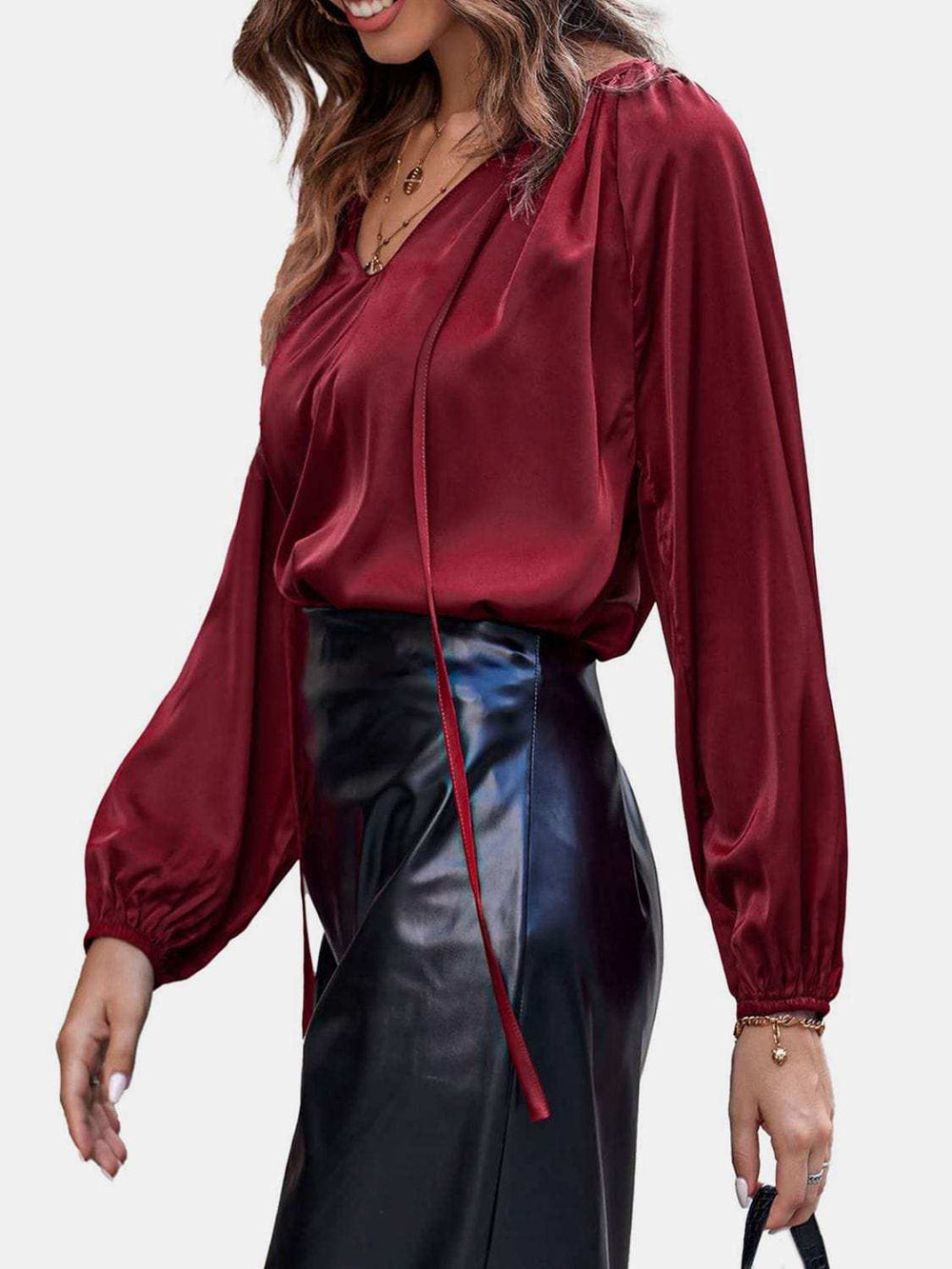 Ruched Tie Neck Balloon Sleeve Blouse - Trendsi - Flyclothing LLC