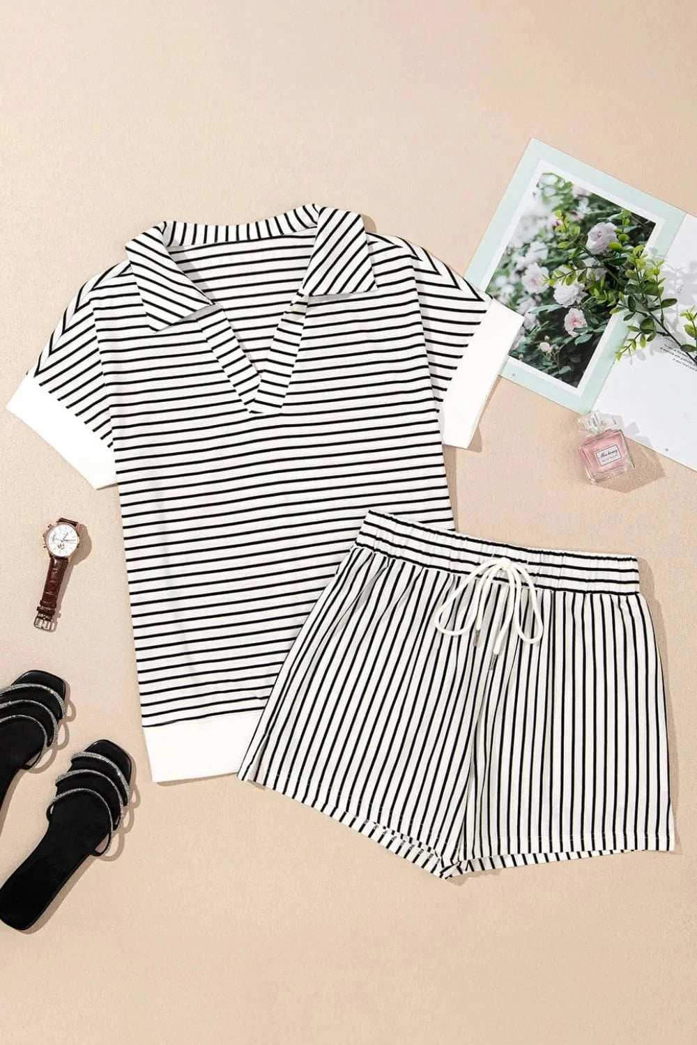 Stripe V Neck Tee and Casual Shorts Set - Trendsi - Flyclothing LLC