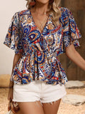 Printed Surplice Half Sleeve Blouse - Trendsi - Flyclothing LLC