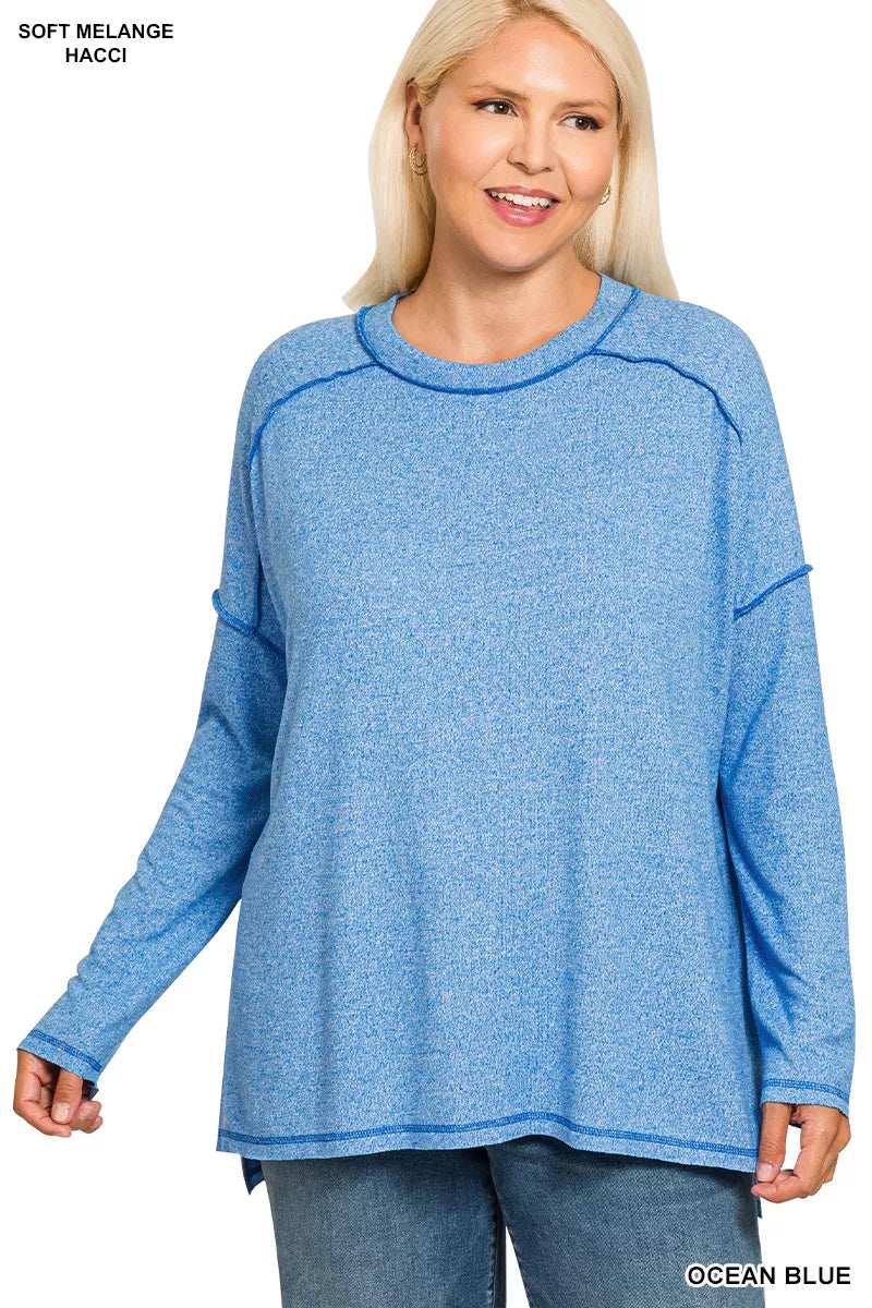 Zenana Full Size Melange Hacci Exposed Seam Hi-low Tee Plus Size - Trendsi - Flyclothing LLC