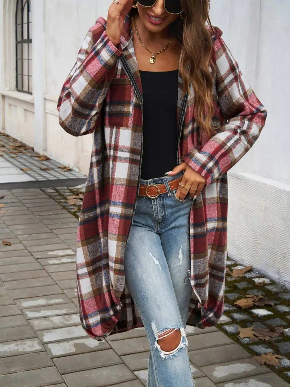 Plaid Zip Up Hooded Coat - Trendsi - Flyclothing LLC
